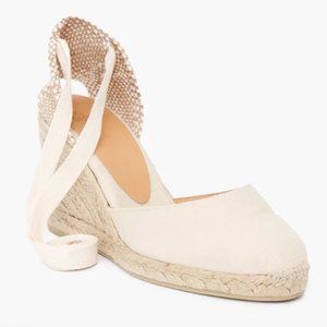 Soludos Cream Wedge Espadrille Linen Sandal with Ankle Tie Wrap - Size 8.5